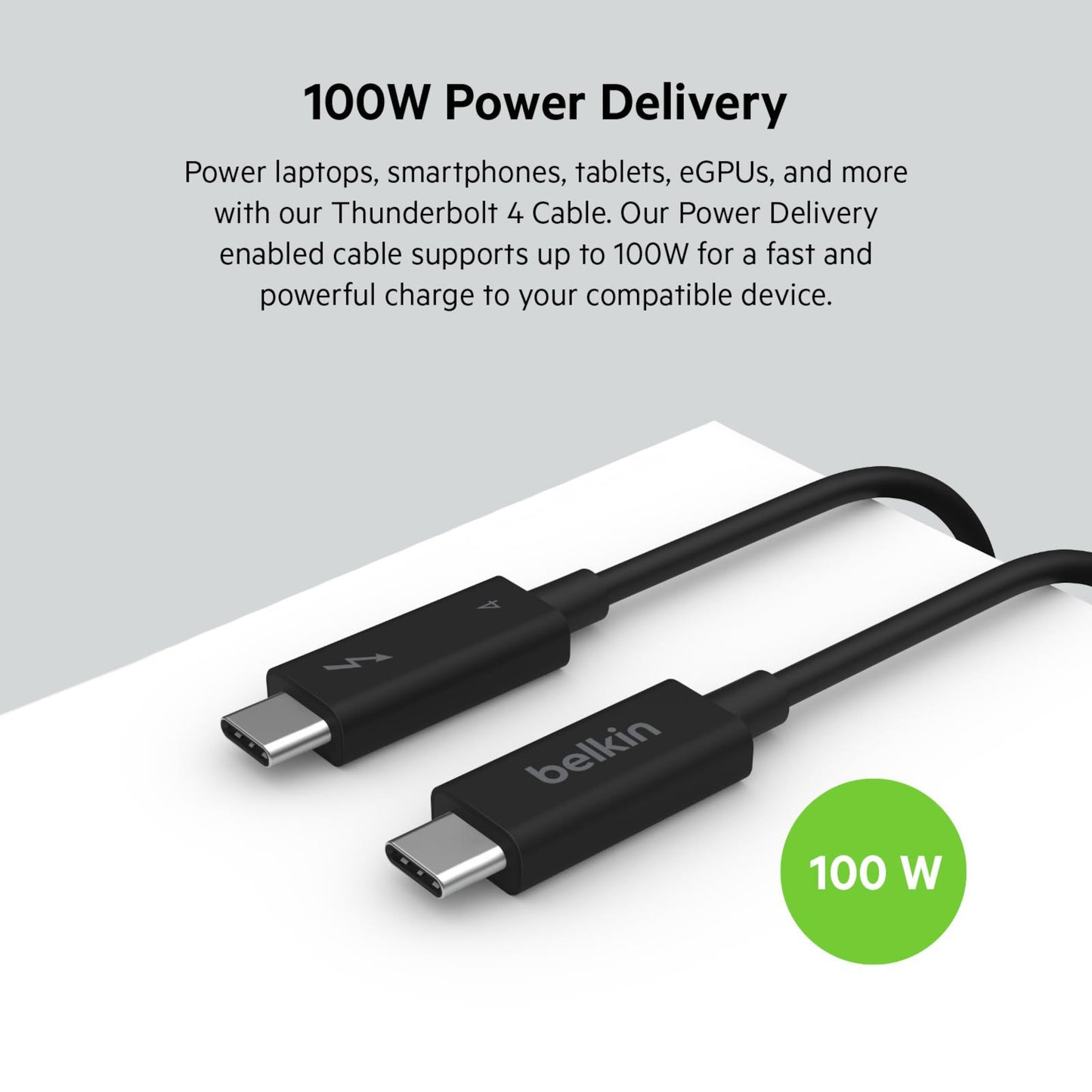 Belkin Thunderbolt 4 Aktive USB-C kabler 2m, sorte, USB-C stik, Belkin logo og lyn ikon, 100W vist i grøn cirkel.