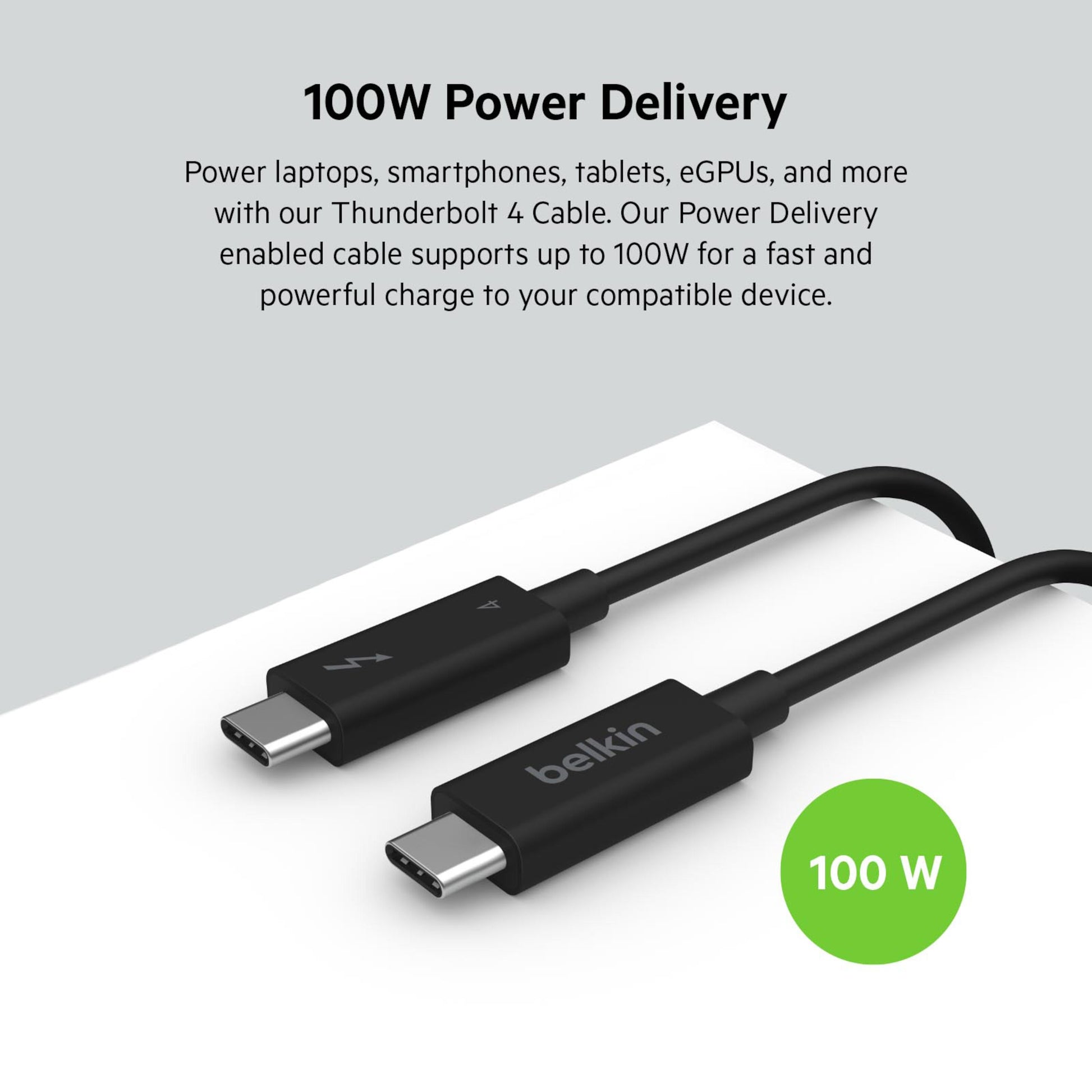 Belkin Thunderbolt 4 Aktive USB-C kabler 2m, sorte, USB-C stik, Belkin logo og lyn ikon, 100W vist i grøn cirkel.