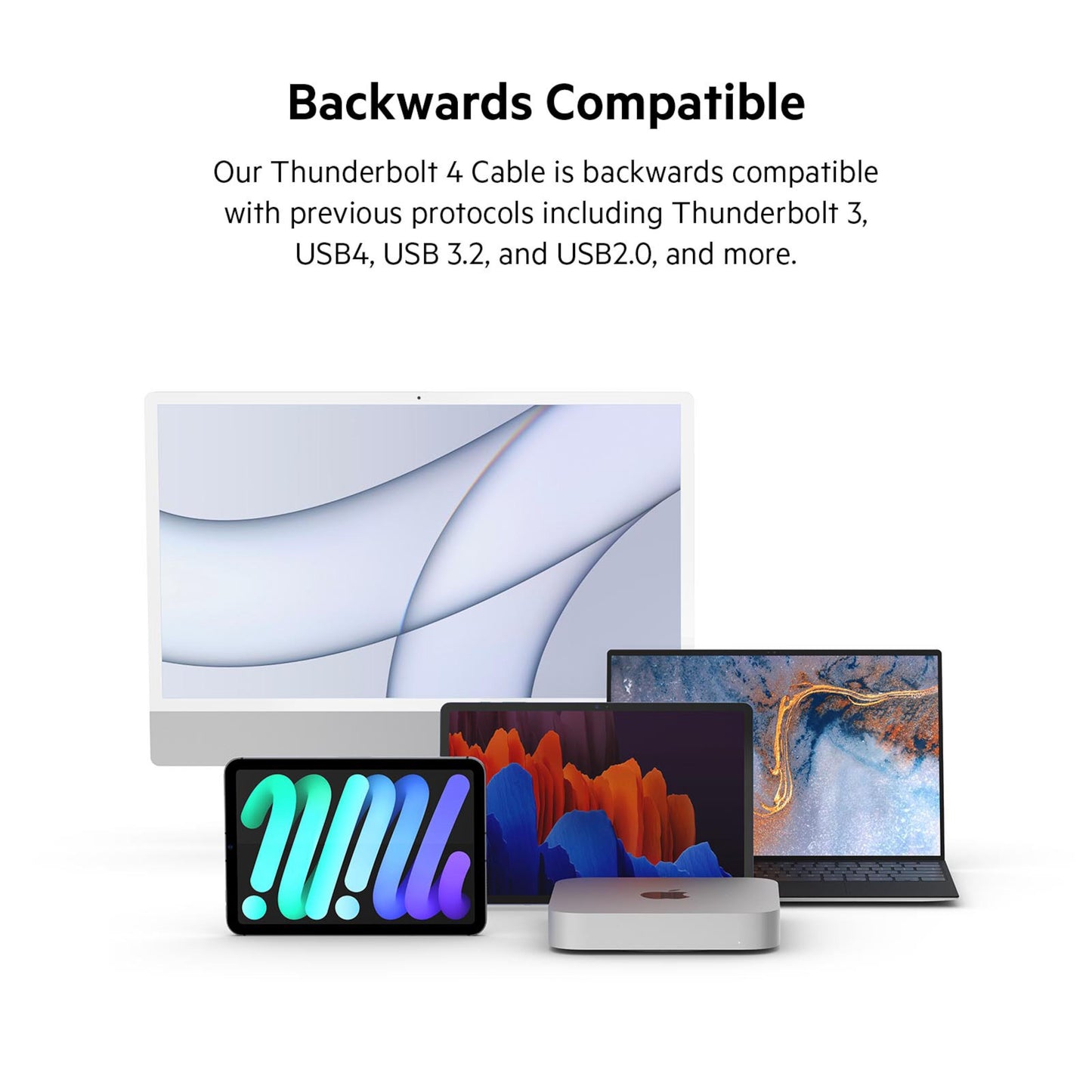 Belkin Thunderbolt 4 Aktiv USB-C-kabel 2 m vises med desktop, laptop, tablet og mini desktop under teksten Bagudkompatibel.