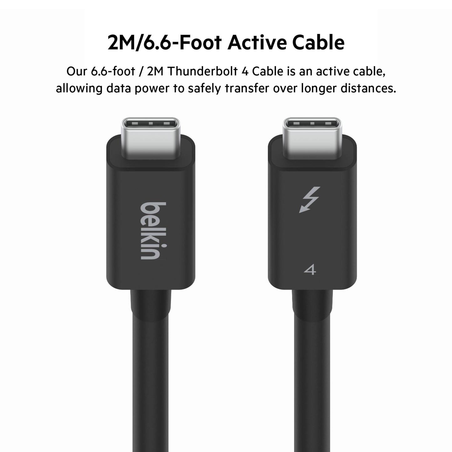 Belkin Thunderbolt 4 aktiv USB-C kabel 2 m sort, mærket med lyn-symbol og "4", begge med USB-C stik.