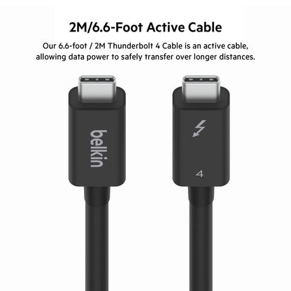 Belkin Thunderbolt 4 aktiv USB-C kabel 2 m sort, mærket med lyn-symbol og "4", begge med USB-C stik.