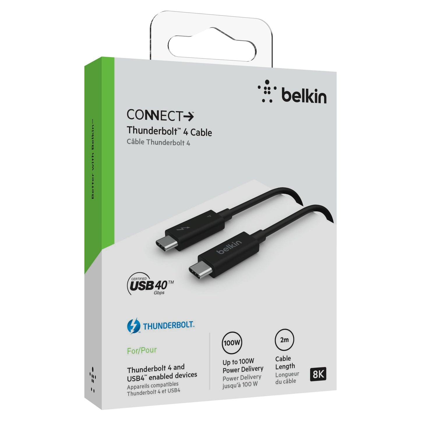 Belkin Thunderbolt 4 aktiv USB-C kabel 2m, 100W power delivery, 40Gbps, 8K support, Thunderbolt 4 og USB4 kompatibel.
