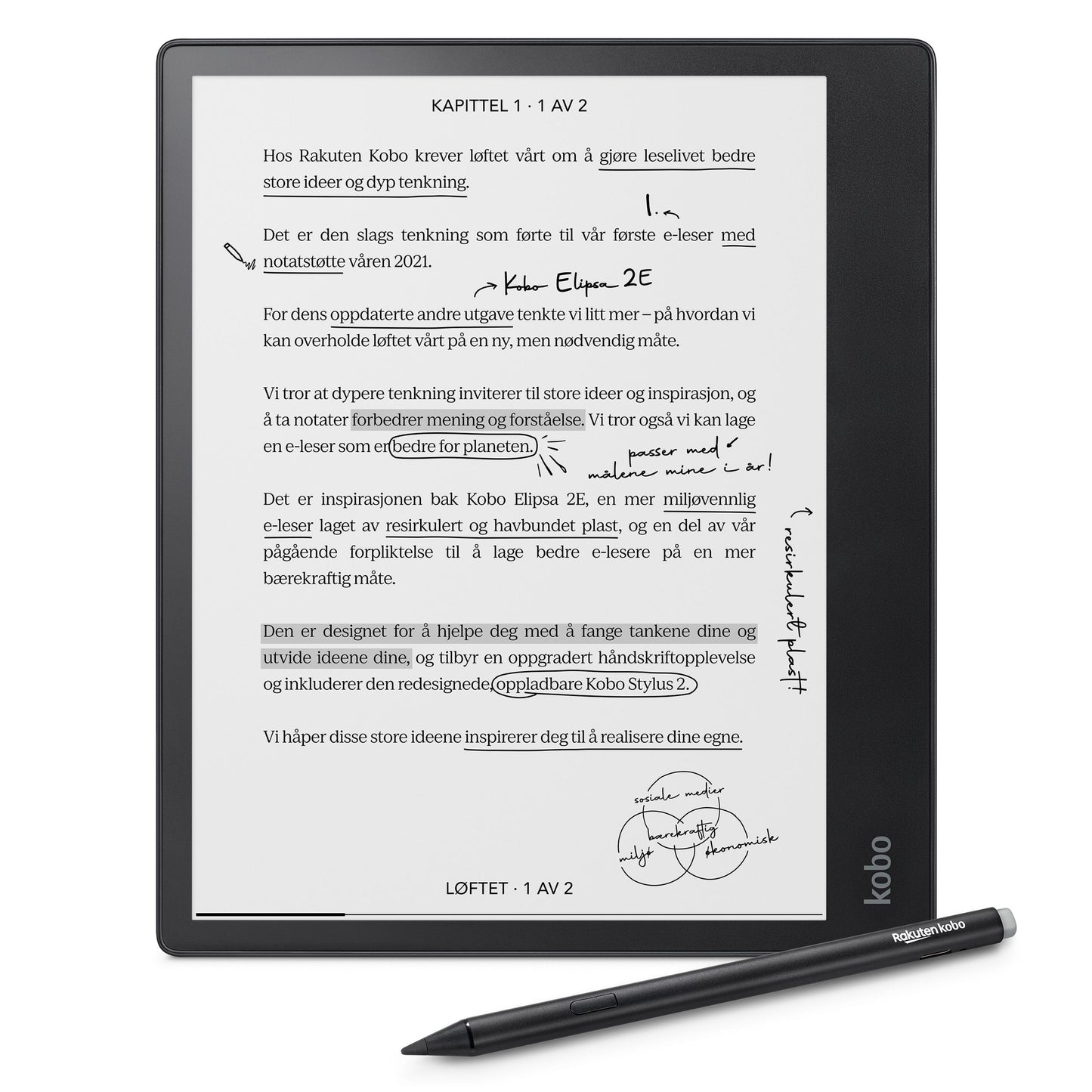 Kobo Elipsa 2E digital notesbog med Kobo Stylus 2, stor sort skærm, digitale håndskrevne norske noter vises.