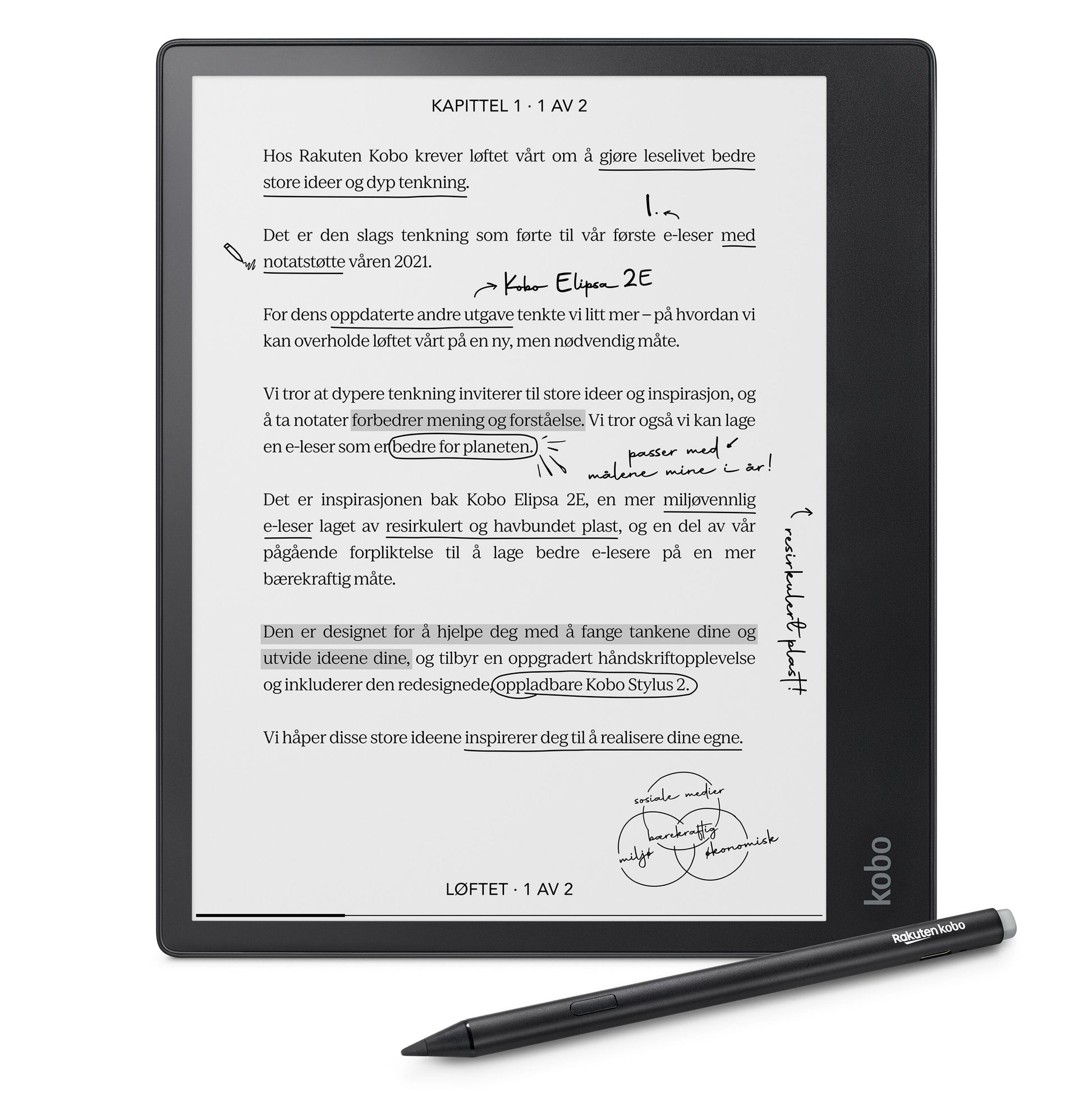 Kobo Elipsa 2E digital notesbog med Kobo Stylus 2, stor sort skærm, digitale håndskrevne norske noter vises.