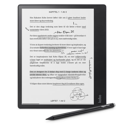 Kobo Elipsa 2E digital notesbog med Kobo Stylus 2, stor sort skærm, digitale håndskrevne norske noter vises.