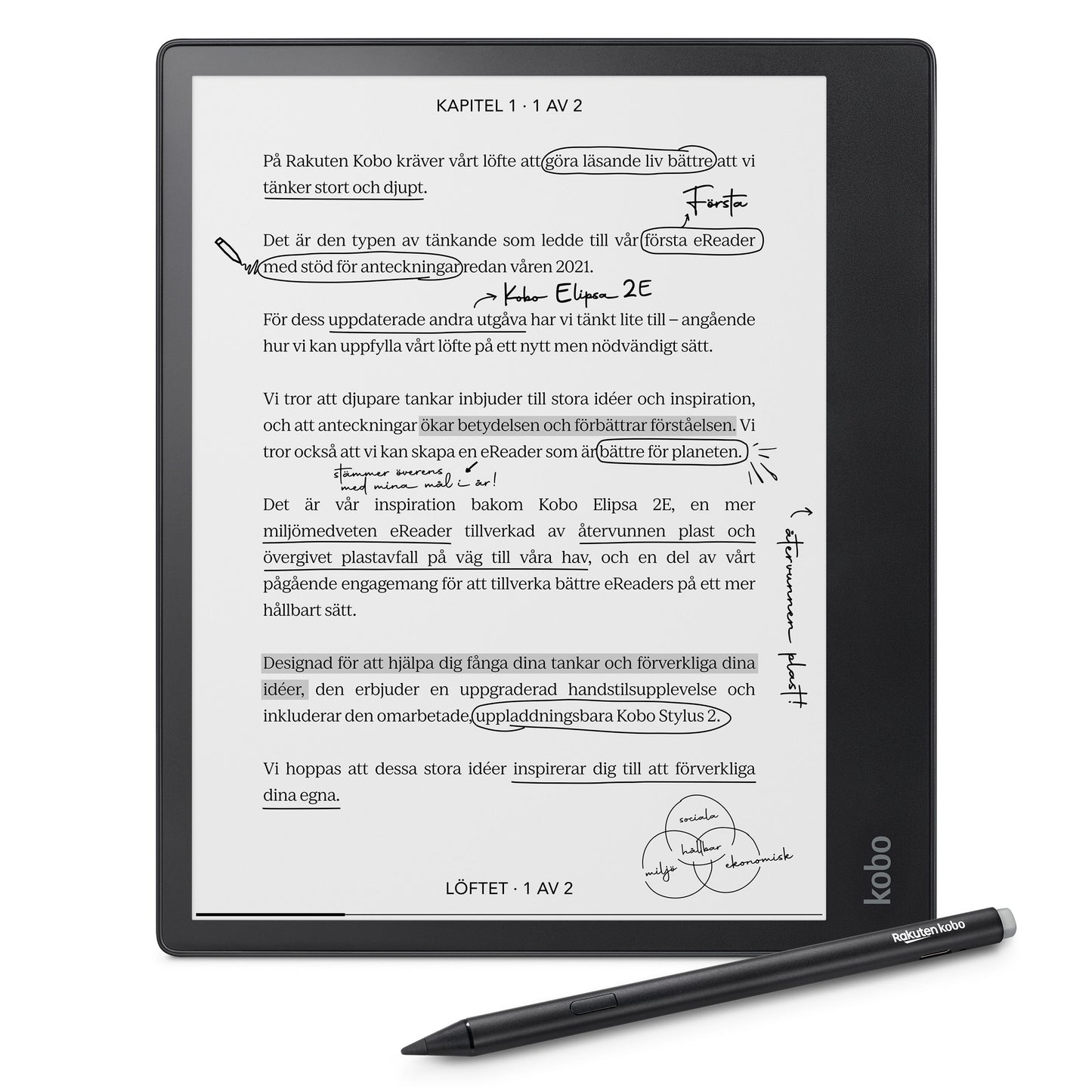 Kobo Elipsa 2E e-notes med Kobo Stylus 2, sort stylus foran, svensk tekst og håndskrevne markeringer, Kobo-logo på ramme.