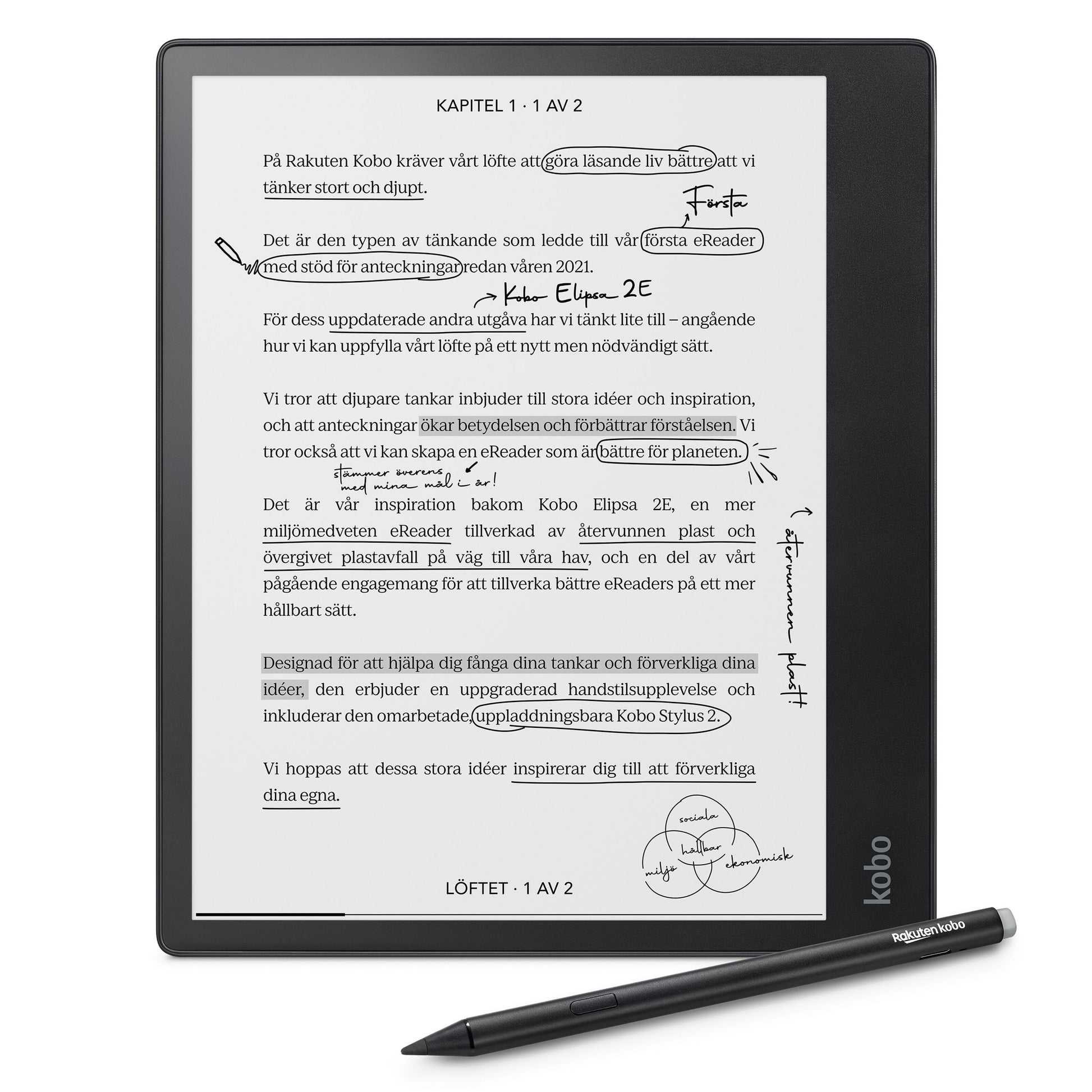 Kobo Elipsa 2E e-notes med Kobo Stylus 2, sort stylus foran, svensk tekst og håndskrevne markeringer, Kobo-logo på ramme.