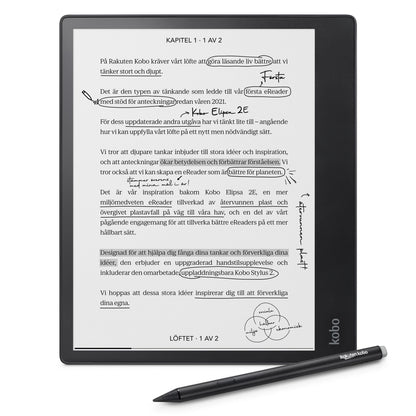 Kobo Elipsa 2E e-notes med Kobo Stylus 2, sort stylus foran, svensk tekst og håndskrevne markeringer, Kobo-logo på ramme.