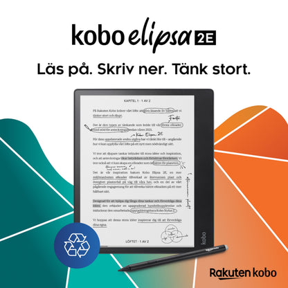 Kobo Elipsa 2E e-bogslæser med Kobo Stylus 2 viser håndskrevne noter, svensk tekst og genbrugssymbol i baggrunden.