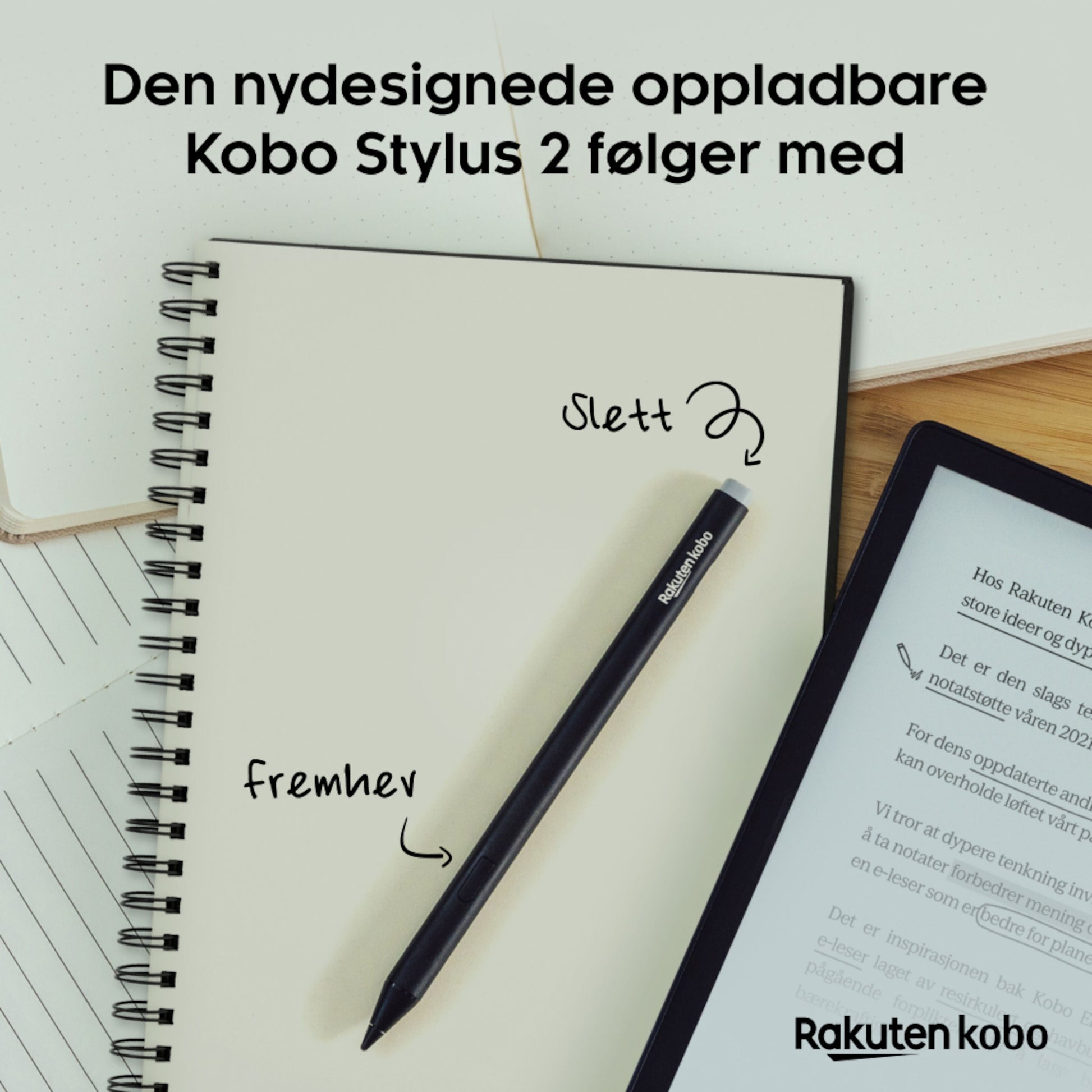 Kobo Elipsa 2E e-bogslæser åben med Kobo Stylus 2 opladelig pen ved siden af.