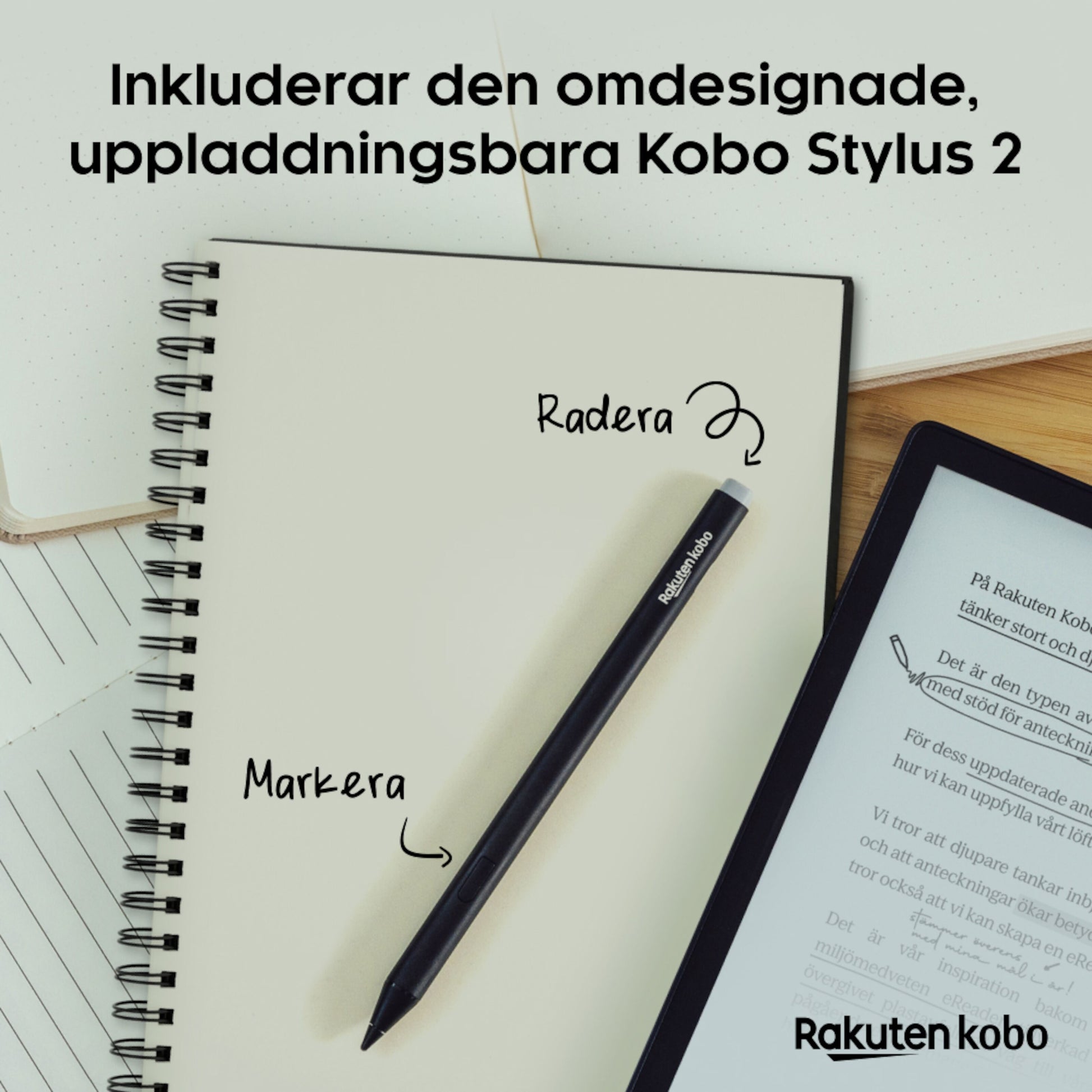 Kobo Elipsa 2E notebook og Kobo Stylus 2 på notesbog med håndskrevne etiketter ved siden af Kobo e-bogslæser.