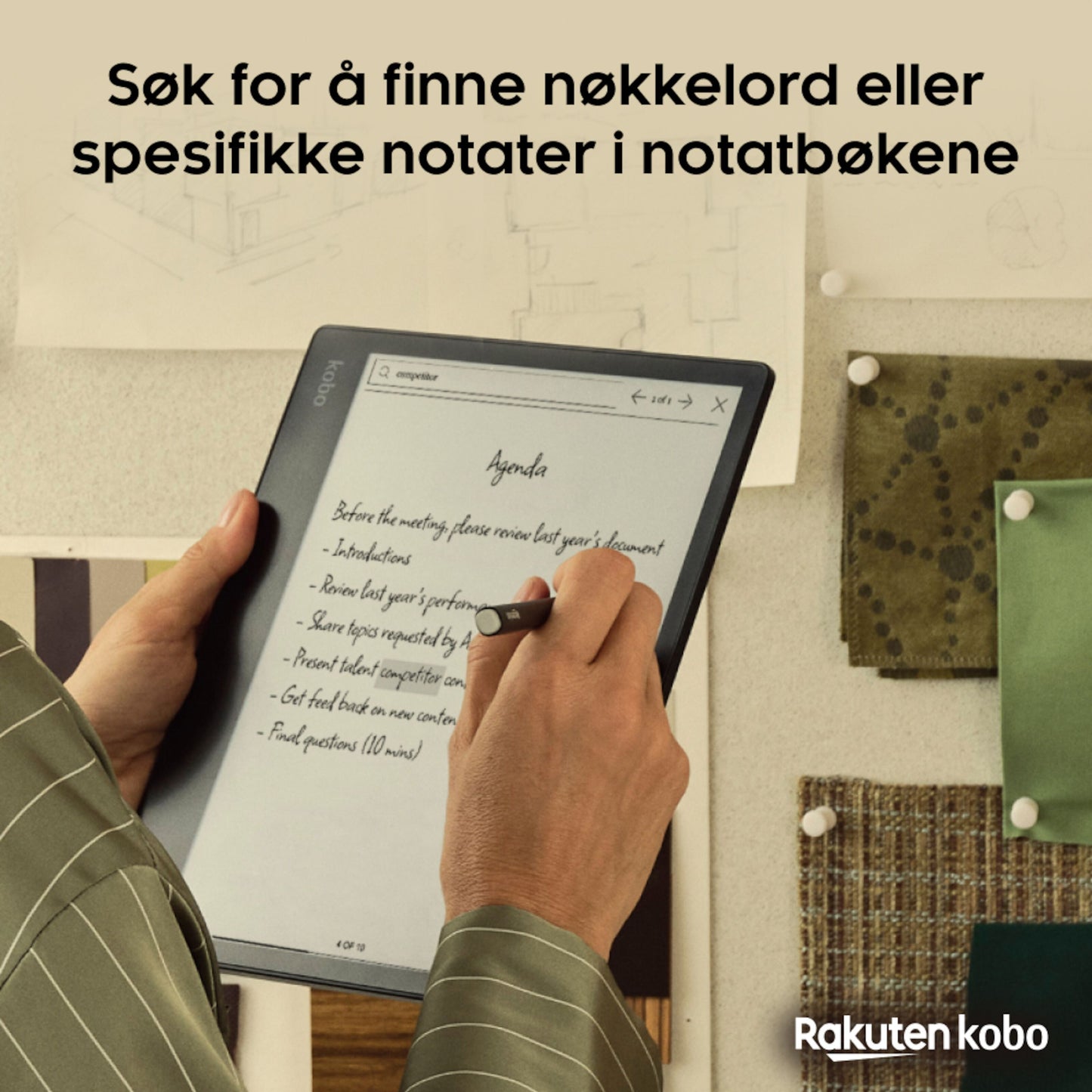 Kobo Elipsa 2E digital notesbog med Kobo Stylus 2, håndskrevet agenda på skærmen, søgefunktion tekst synlig.