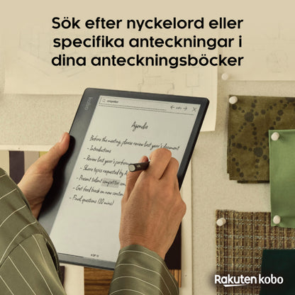 Kobo Elipsa 2E e-bogslæser med Kobo Stylus 2, håndskrevet agenda og aktiv søgning, Kobo logo synligt.