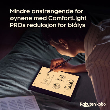 Kobo Elipsa 2E notebook med Kobo Stylus 2 vises, ComfortLight PRO blålysreduktion nævnt på norsk tekst, Kobo logo synligt.