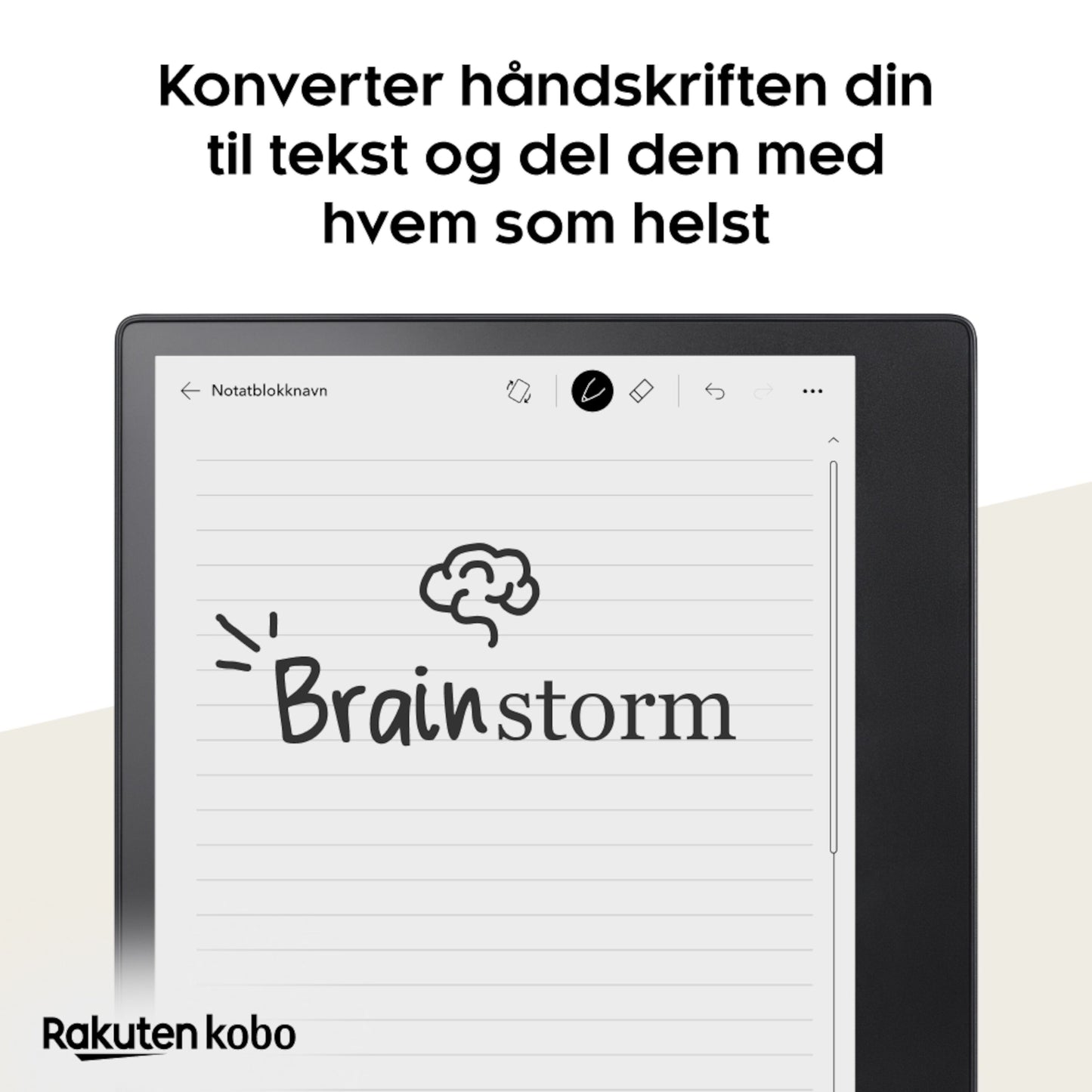 Kobo Elipsa 2E med Kobo Stylus 2, håndskreven "Brainstorm" og hjerne-tegning, norsk tekst øverst, Kobo logo nederst.