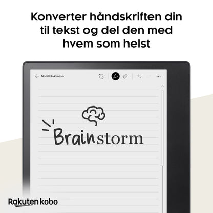 Kobo Elipsa 2E med Kobo Stylus 2, håndskreven "Brainstorm" og hjerne-tegning, norsk tekst øverst, Kobo logo nederst.