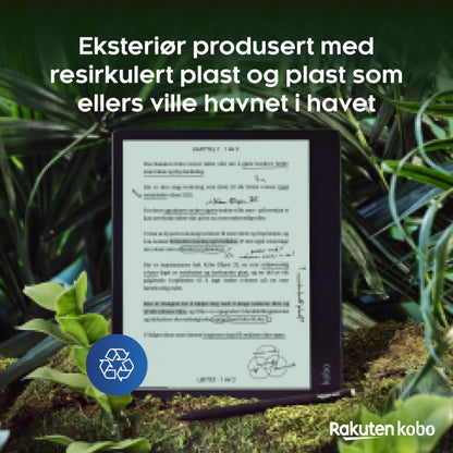 Kobo Elipsa 2E notebook med Kobo Stylus 2, note om genanvendt og ocean-bound plastik, genbrugslogo og Rakuten Kobo-logo.