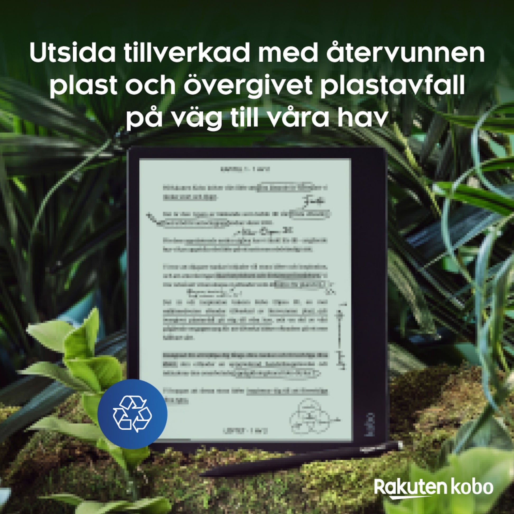 Kobo Elipsa 2E notebook med Kobo Stylus 2, svensk tekst om genbrugsplast, genbrugssymbol, Kobo-logo nederst til højre.