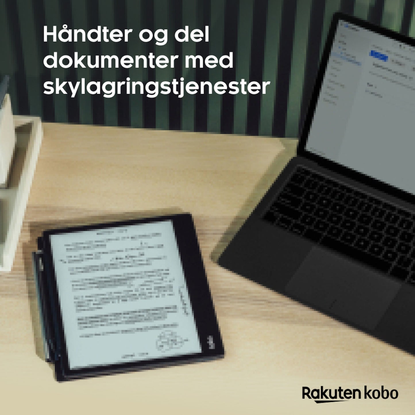 Kobo Elipsa 2E e-bogslæser med Kobo Stylus 2 logo og tekst "Håndter og del dokumenter med skylagringstjenester.