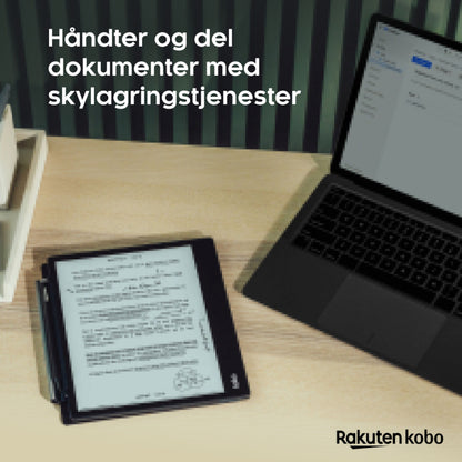 Kobo Elipsa 2E e-bogslæser med Kobo Stylus 2 logo og tekst "Håndter og del dokumenter med skylagringstjenester.