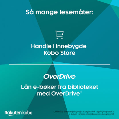 Kobo Elipsa 2E Notebook med Kobo Stylus 2, tekst om køb i Kobo Store og lån af e-bøger via OverDrive, blågrøn baggrund.