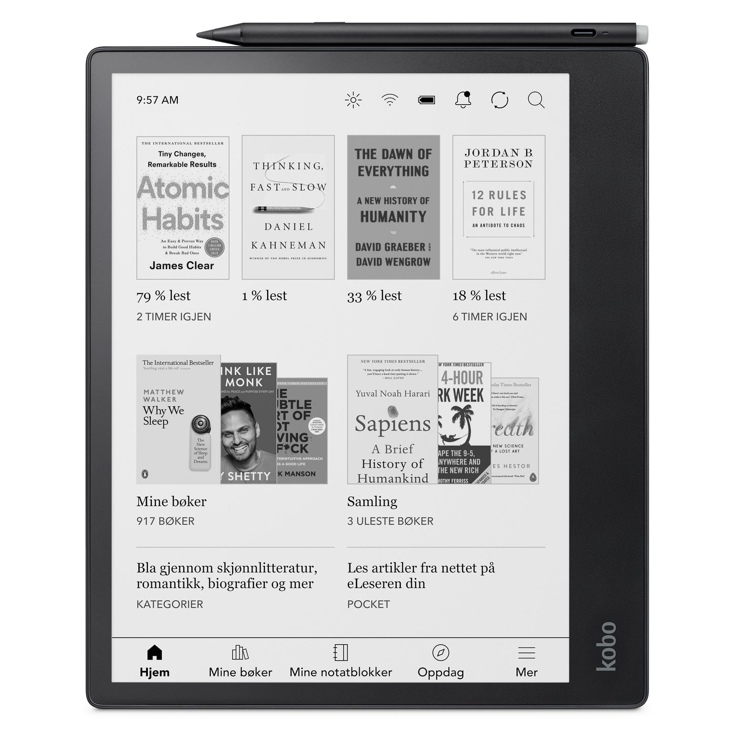 Kobo Elipsa 2E notebook med Kobo Stylus 2, startskærm med norske bogtitler, stylus placeret øverst.
