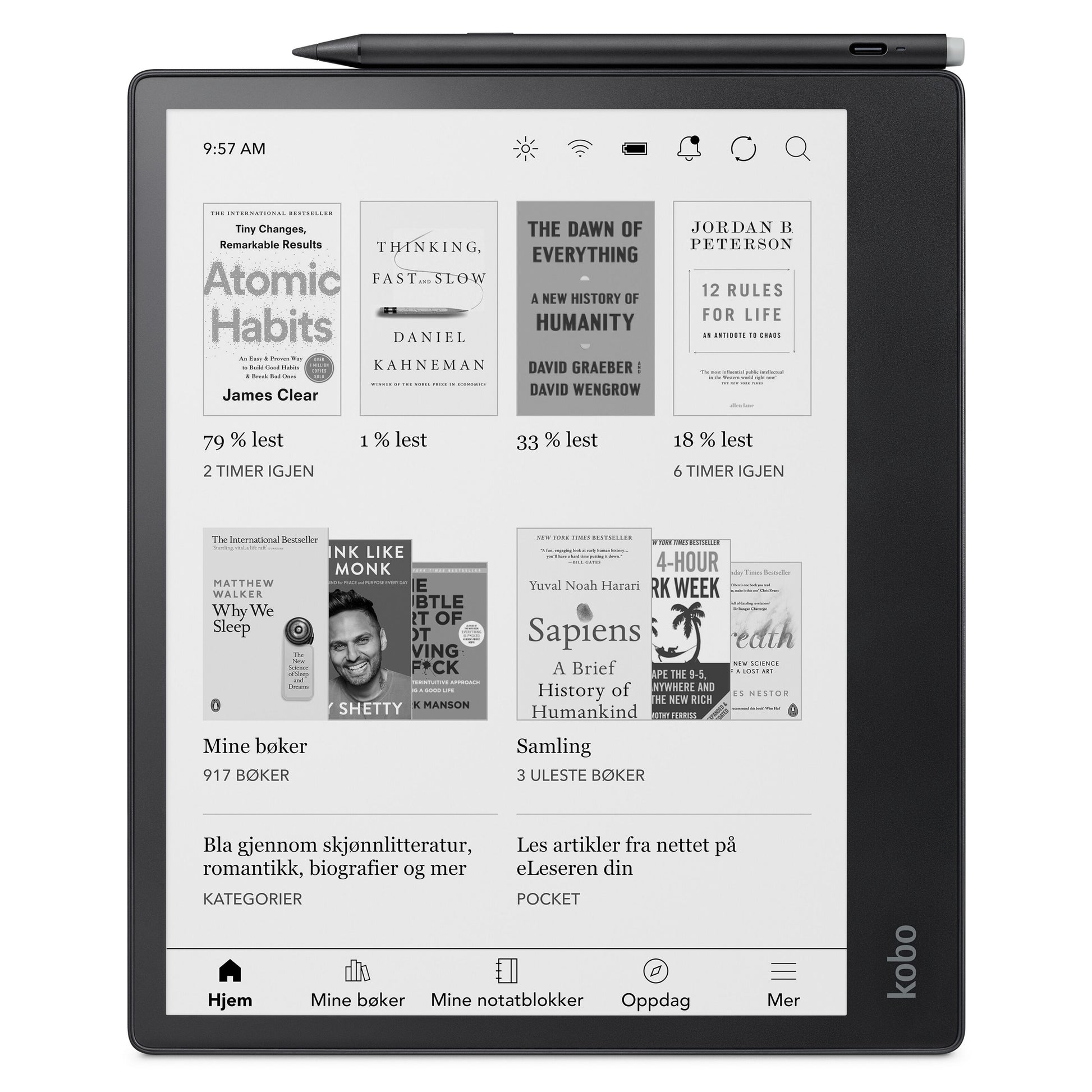 Kobo Elipsa 2E notebook med Kobo Stylus 2, startskærm med norske bogtitler, stylus placeret øverst.