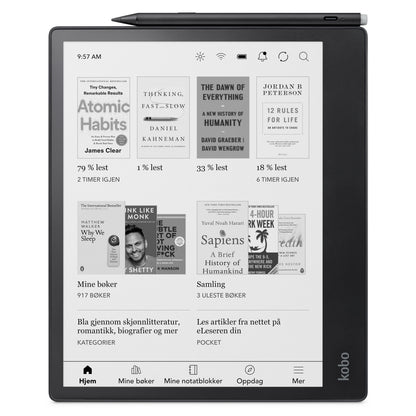 Kobo Elipsa 2E notebook med Kobo Stylus 2, startskærm med norske bogtitler, stylus placeret øverst.