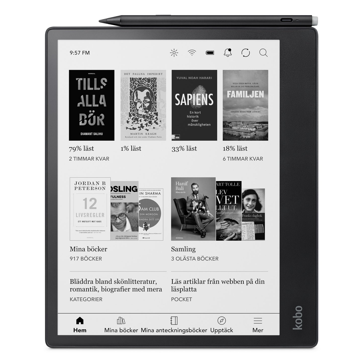 Kobo Elipsa 2E sorterer e-bogslæser og digital notesbog med Stylus 2, svensk startskærm med bogforsider og menupunkter.