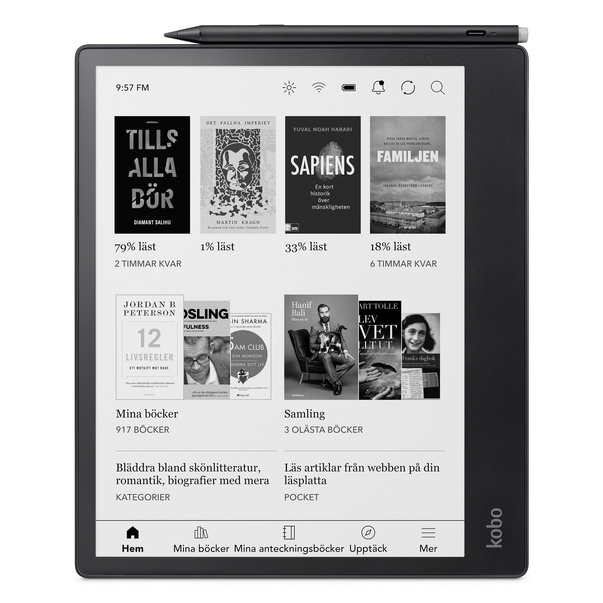 Kobo Elipsa 2E sorterer e-bogslæser og digital notesbog med Stylus 2, svensk startskærm med bogforsider og menupunkter.