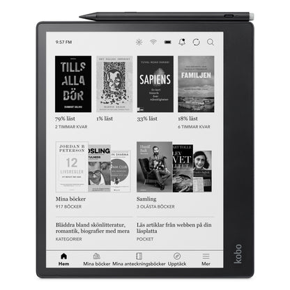 Kobo Elipsa 2E sorterer e-bogslæser og digital notesbog med Stylus 2, svensk startskærm med bogforsider og menupunkter.