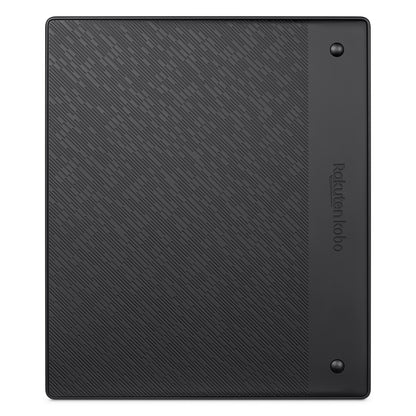 Kobo Notebook Elipsa 2E sort bagside med Kobo Stylus 2, diagonalmønstret overflade og Rakuten Kobo logo på højre side.