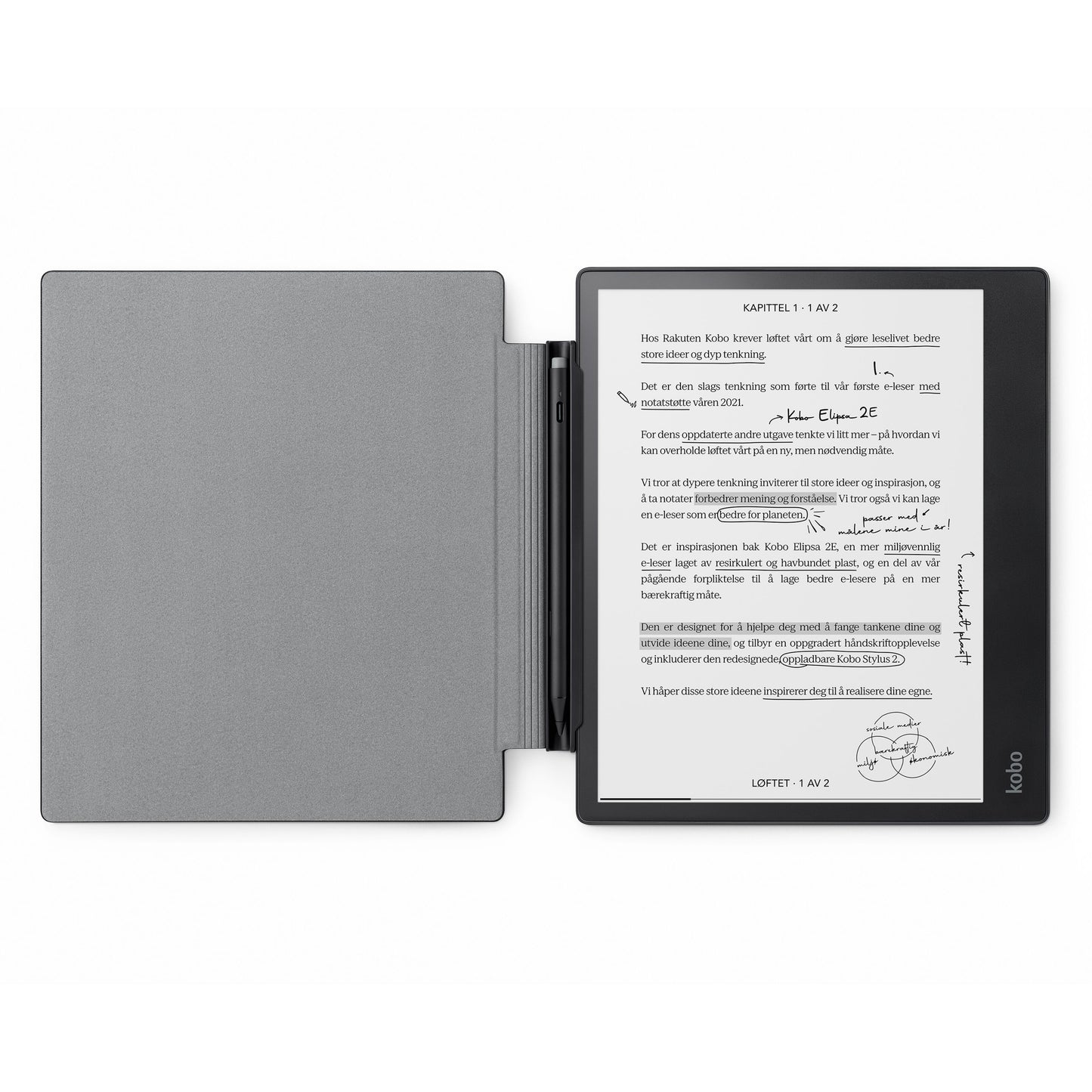 Kobo Elipsa 2E e-reader med gråt genbrugscover, synlig tekst og håndskrevne noter med Kobo Stylus 2, åben visning.