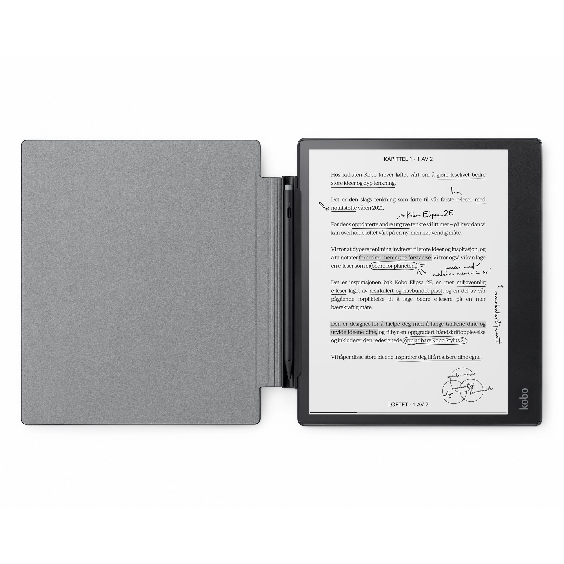 Kobo Elipsa 2E e-reader med gråt genbrugscover, synlig tekst og håndskrevne noter med Kobo Stylus 2, åben visning.