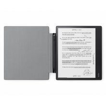Kobo Elipsa 2E e-reader med gråt genbrugscover, synlig tekst og håndskrevne noter med Kobo Stylus 2, åben visning.