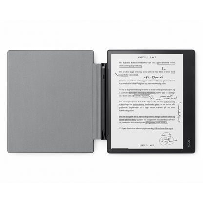 Kobo Elipsa 2E e-reader med gråt genbrugscover, synlig tekst og håndskrevne noter med Kobo Stylus 2, åben visning.