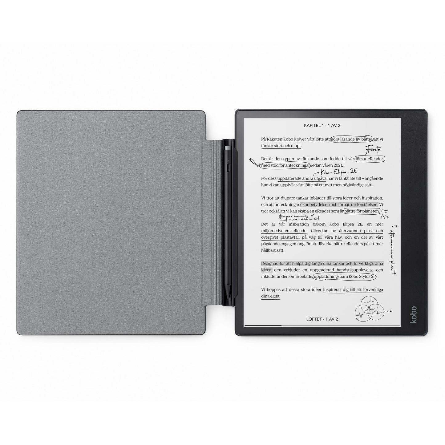 Kobo Elipsa 2E e-bogslæser med Cover til Elipsa 2E i genbrugsplast og Stylus 2, skærm viser tekst og håndskrevne noter.