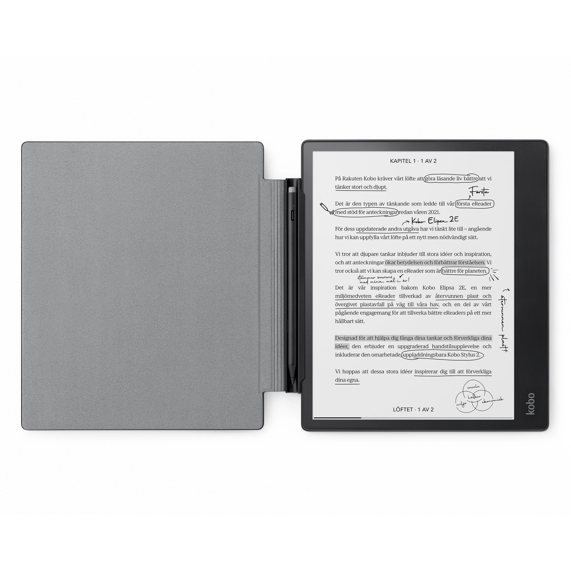 Kobo Elipsa 2E e-bogslæser med Cover til Elipsa 2E i genbrugsplast og Stylus 2, skærm viser tekst og håndskrevne noter.