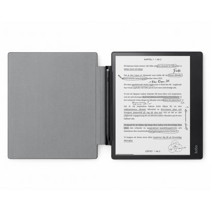 Kobo Elipsa 2E e-bogslæser med Cover til Elipsa 2E i genbrugsplast og Stylus 2, skærm viser tekst og håndskrevne noter.