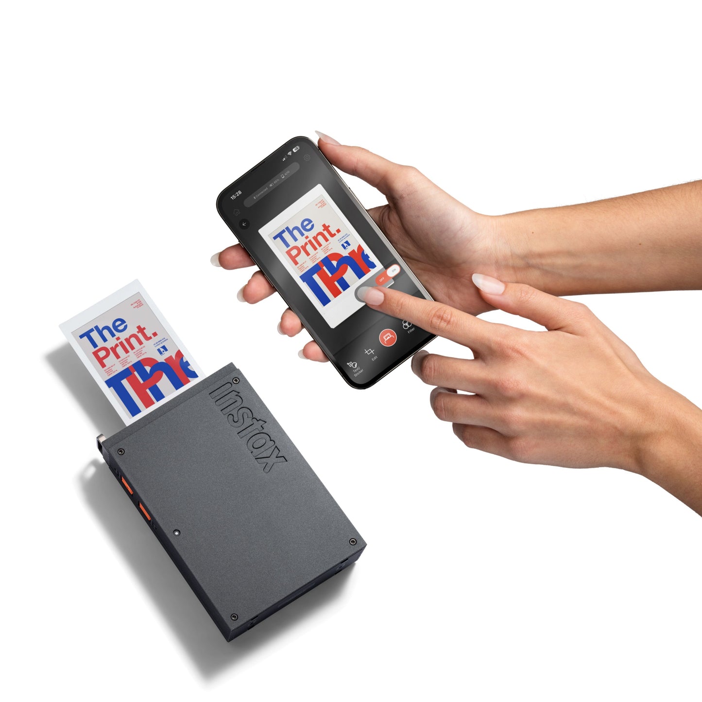 Fujifilm instax mini Link+ mobil fotoskriver til instax mini-film, foto halvt udskrevet, smartphone vises.