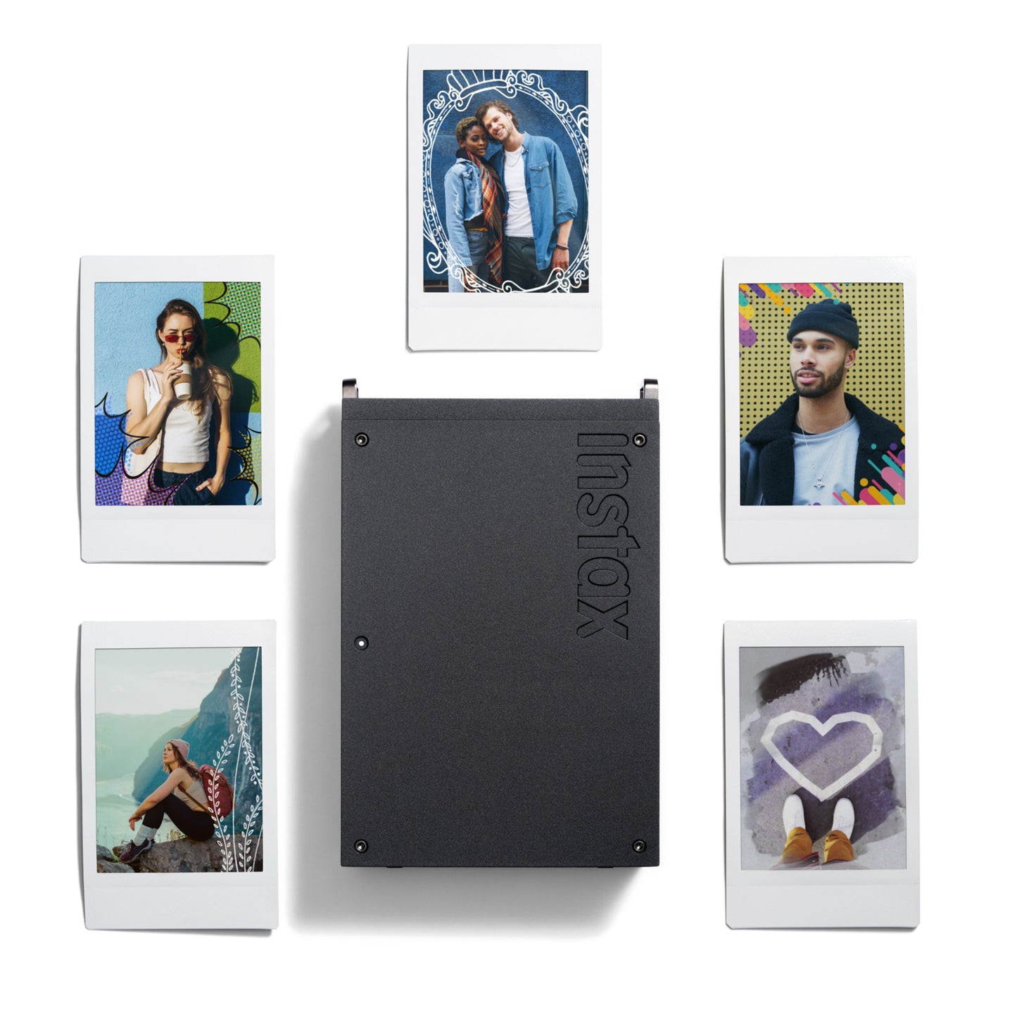Fujifilm instax mini Link+ mobil fotoskriver sort med fem Instax billeder i halvcirkel, passer til instax mini-film.