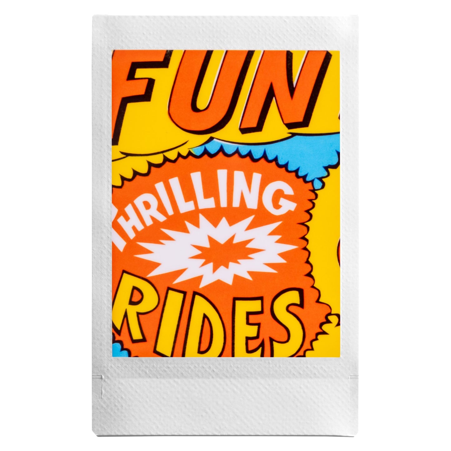 Fujifilm instax mini Link+ mobil fotoskriver printer instant fotos med "Fun, Thrilling, Rides" i orange, gul og blå.
