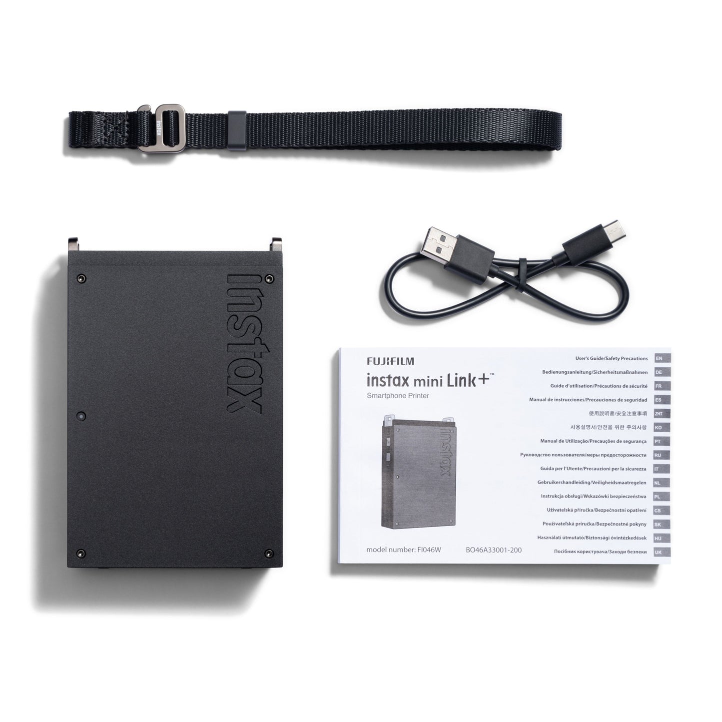 Fujifilm instax mini Link+ mobil fotoskriver sort rem USB-opladerkabel brugervejledning.