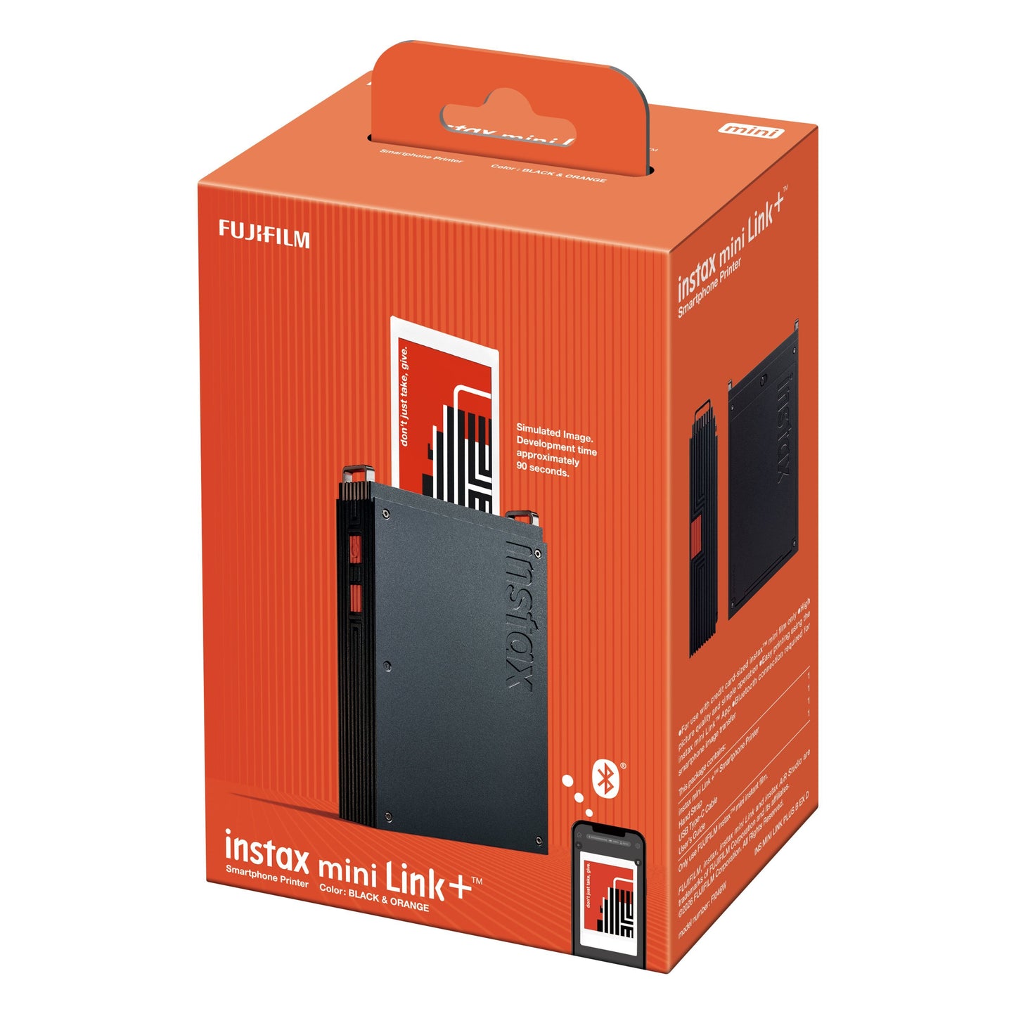 Fujifilm instax mini Link+ mobil fotoskriver sort og orange, æske med smartphone-kompatibilitet og instax mini-film visning.