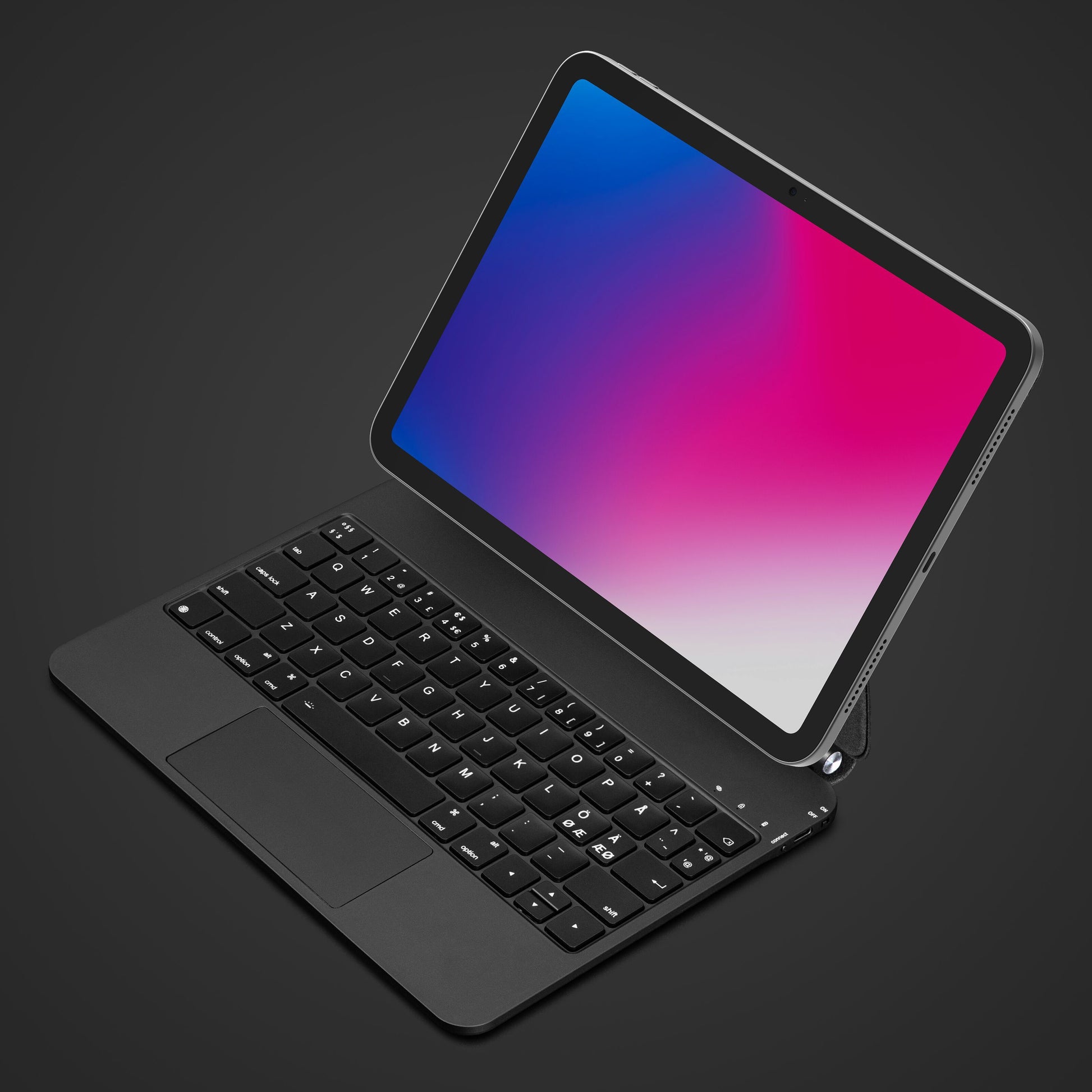 Sort Linocell Premium Magnetisk tastaturcover til iPad Gen. 10/11, gradient skærm, tastatur og display ses fra siden.