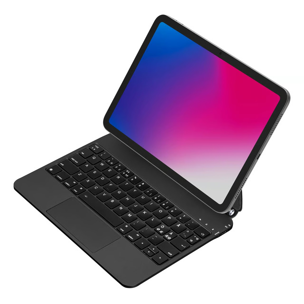 Sort iPad 10/11 med magnetisk tastaturcover, lille bærbar PC-look, skærm med blå-lilla-lyserød gradient.