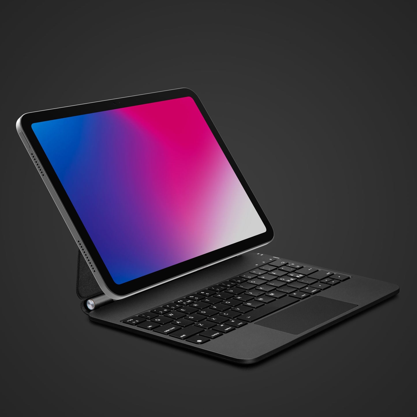 Linocell Premium magnetisk tastaturcover til iPad Gen. 10 og 11 med aktiv tabletskærm mod mørk baggrund.