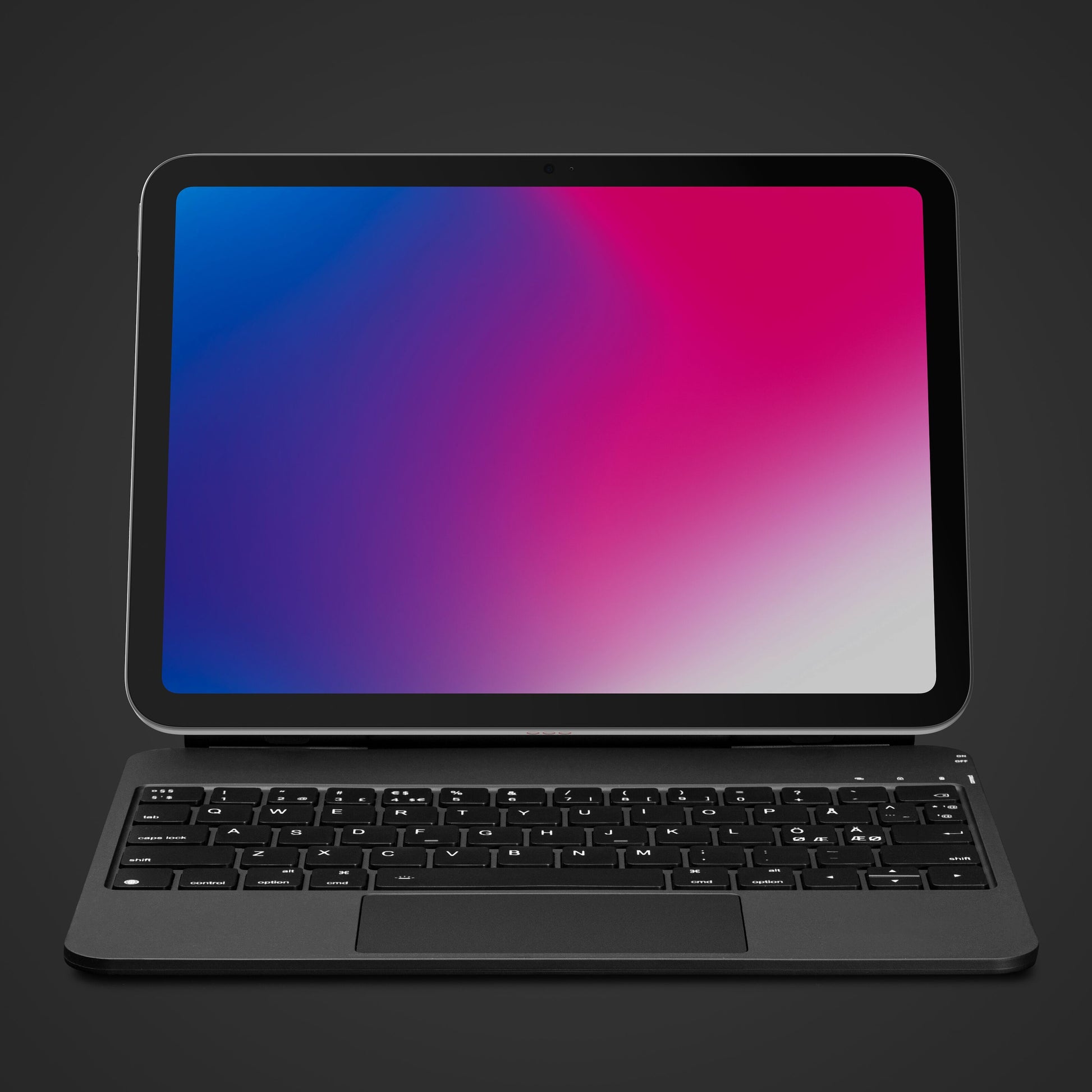 Linocell Premium magnetisk tastaturcover til iPad Gen. 10 og 11 sort med Bluetooth tastatur skærm med blå/rosa/hvid gradient.
