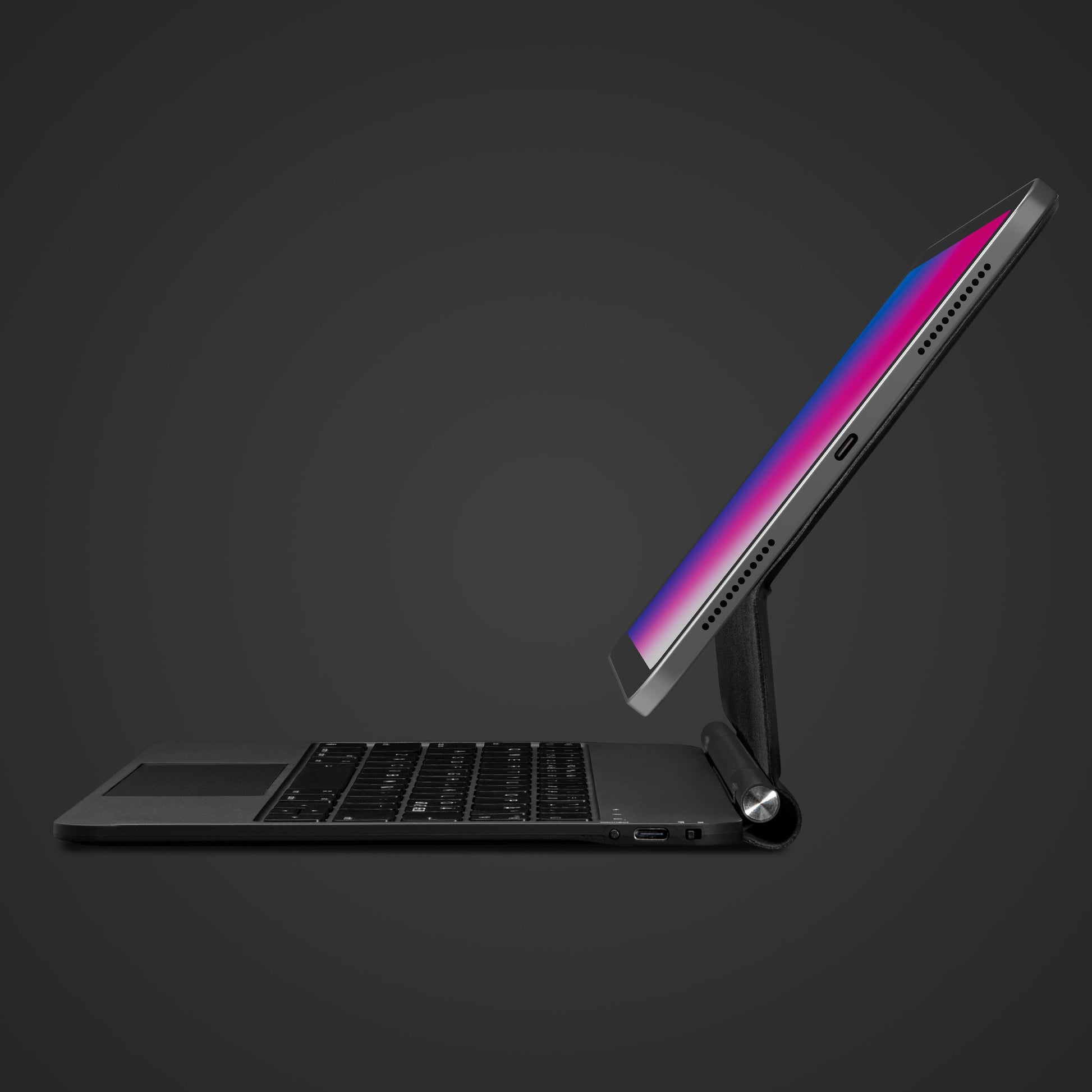 Magnetisk tastaturcover til iPad Gen. 10/11, Bluetooth-tastatur, cylindrisk hængsel, sideprofil, sort baggrund.