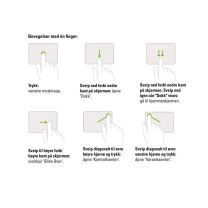 IPad Gen. 10 og 11 Premium Magnetisk tastaturcover med norske touchbevægelser: tryk, swipe op/ned/højre, diagonale swipes.